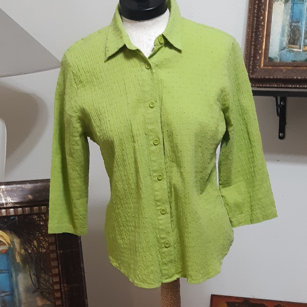 Womens button up Sz L P Collared blouse Stretch Form Fitted long sleeve textured